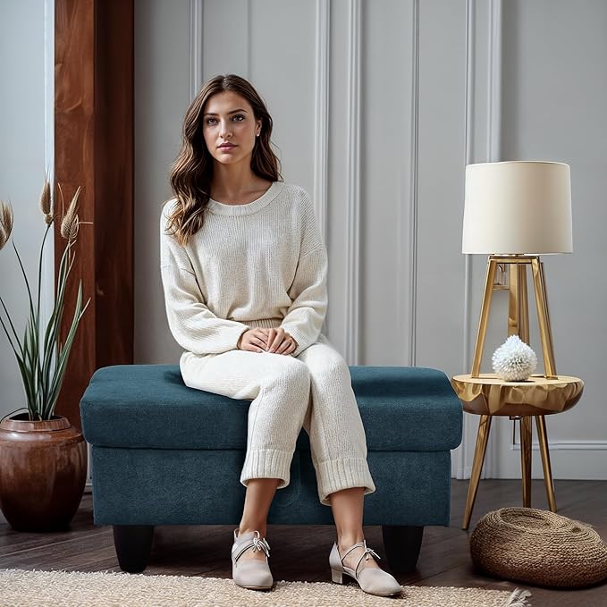 Ottoman Rectangular Storage Ottoman Bench, Flannel Footrest Stool Footstool with Lid for Living Room, Bedroom, Entryway, Lake Blue, 28.5"x19"x17.5"