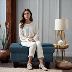 Ottoman Rectangular Storage Ottoman Bench, Flannel Footrest Stool Footstool with Lid for Living Room, Bedroom, Entryway, Lake Blue, 28.5"x19"x17.5"