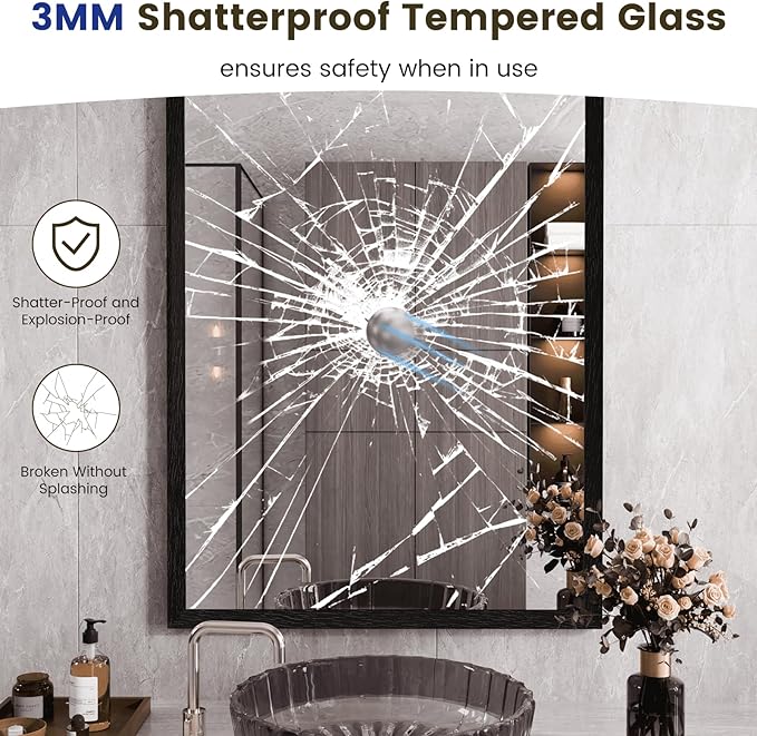 WEER Black Framed Mirror for Bathroom, 22x30 Inch Framed Bathroom Mirror, Rectangular Wall Mounted Mirror, Matte Black Vanity Mirrors, Tempered Glass, Vertically or Horizontally, Anti-Rust