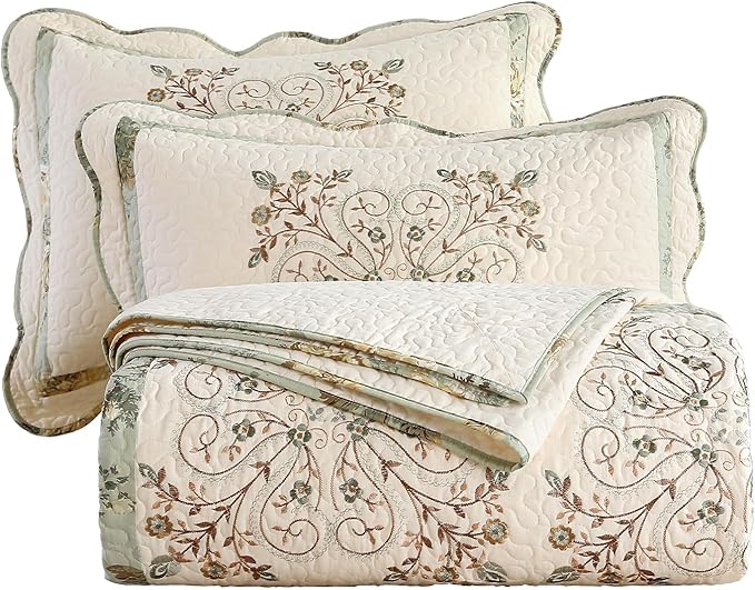 vctops 3 Piece Farmhouse Patchwork Quilt Set Oversized Queen, Elegant Floral Embroidered Cotton Quilted Bedspread Coverlet Lightweight Reversible Bedding Cover with 2 Pillow Sham (98x106 in)
