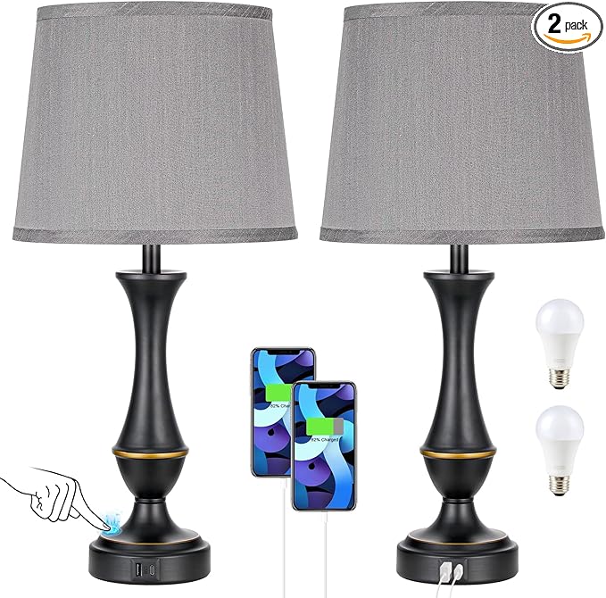Upgraded Touch Lamps for Bedrooms Set of 2 - Nightstand Table Lamp with USB C+A, 3 Way Dimmable Lamps for Living Room(Grey)
