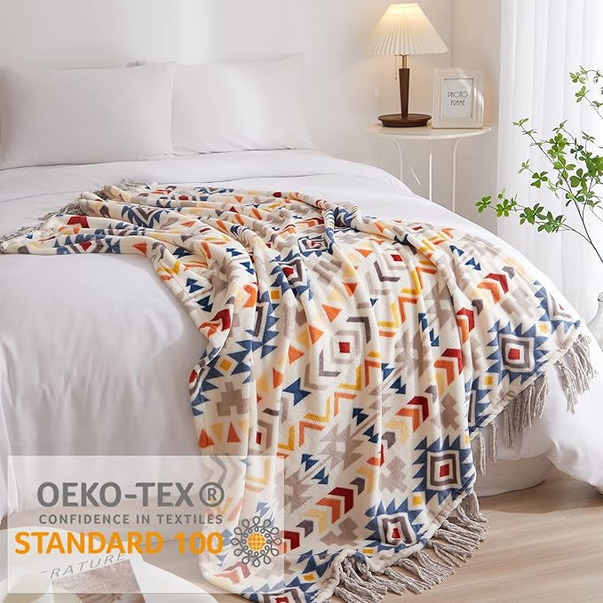CASAAGUSTO Boho Throw Blanket - Colorful Decorative Blankets with Tassel, Printed Flannel Bohemian Blanket for Chair, Bed, Sofa, Couch(60 * 80, Colorful)