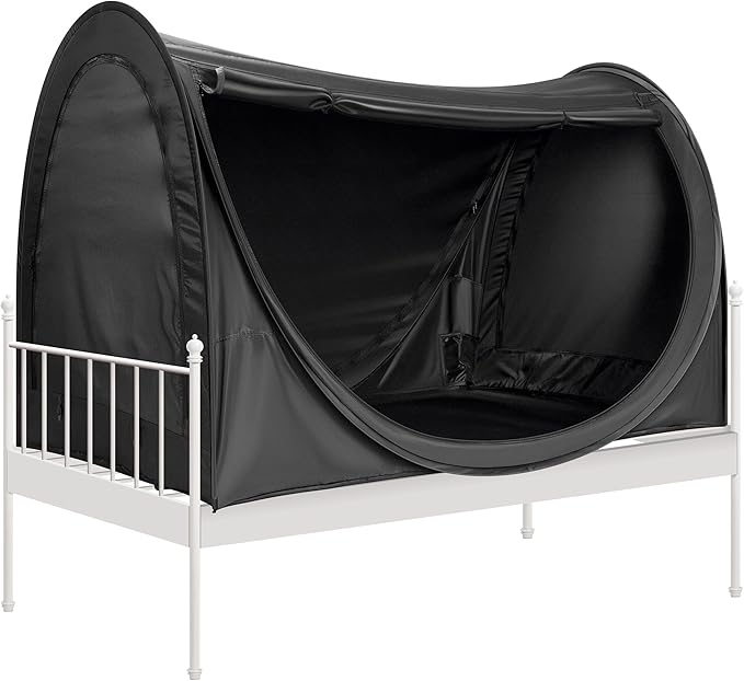VIVOHOME Pop-Up Bed Tent Twin Size, Privacy Bed Canopy with 4 Doors and Mosquito Mesh, Breathable All Black Sleeping Tent for Kids and Adults