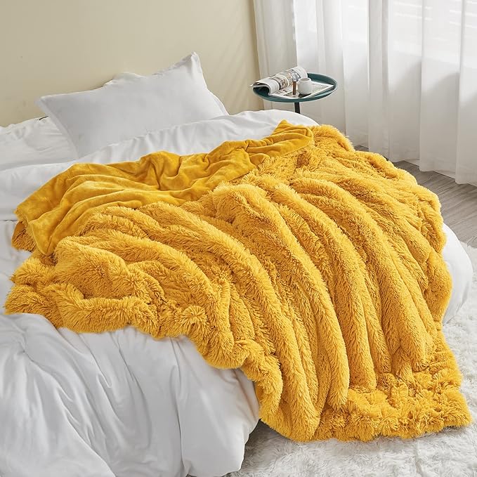 GONAAP Fuzzy Faux Fur Throw Blanket Mustard Yellow Super Soft Cozy Plush Fuzzy Shaggy Blanket for Couch Sofa Bed (Mustard Yellow, Throw(50"x60"))