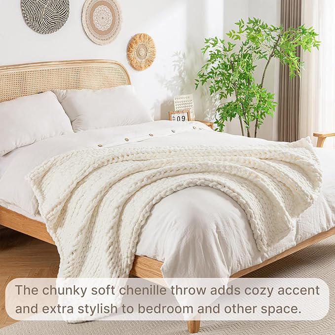 Chunky Knit Blanket Throw, 100% Hand Knit Throw Blanket Handmade Chenille Cable Knit Throw for Couch, Stylish Cozy Soft Rope Knot Crochet Blanket for Home Decor, Ivory, 50x60 Inches