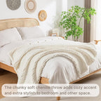 Chunky Knit Blanket Throw, 100% Hand Knit Throw Blanket Handmade Chenille Cable Knit Throw for Couch, Stylish Cozy Soft Rope Knot Crochet Blanket for Home Decor, Ivory, 50x60 Inches