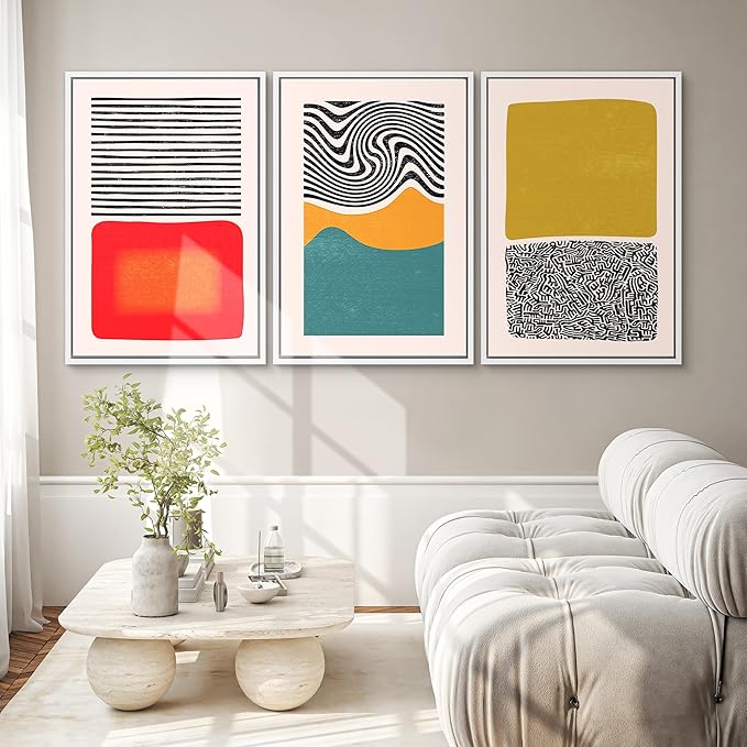 SIGNWIN Framed Canvas Print Wall Art Set Mid-Century Color Blocks & Spirals Abstract Shapes Illustrations Modern Art Contemporary Minimal Ultra for Living Room, Bedroom, Office - 24"x36"x3 White