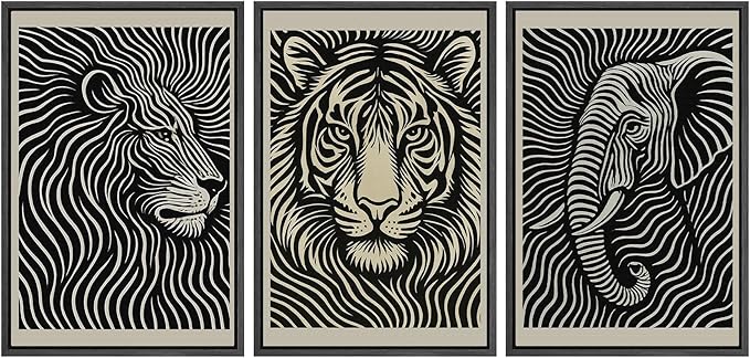 SIGNWIN Framed Canvas Print Wall Art Safari Animal Portrait Lion, Tiger, and Elephant Photography Modern Art Minimalist Black and White for Living Room, Bedroom, Office - 24"x36"x3 Black