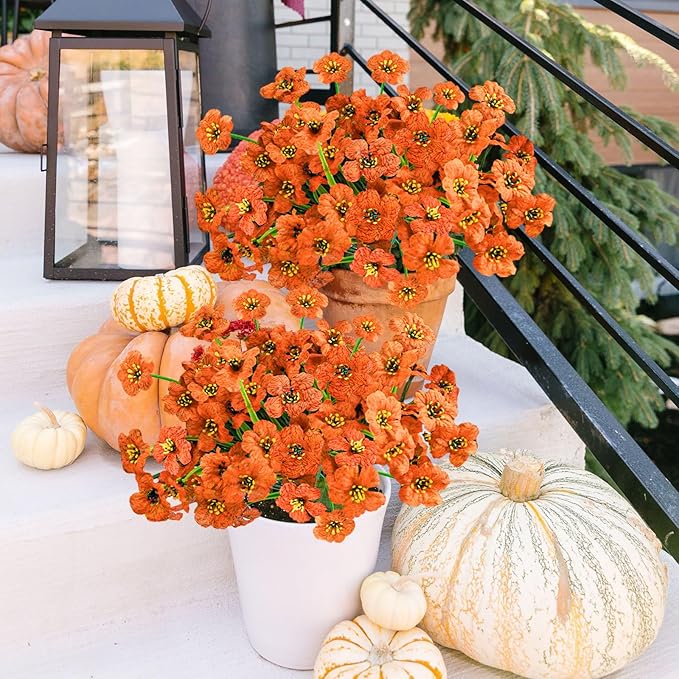 Krissing 48 Bundles Outdoor Artificial Flowers UV Resistant Fake Flowers Faux Plastic Flowers Plants Outside Garden Porch Window Box Fall Decor (Orange)