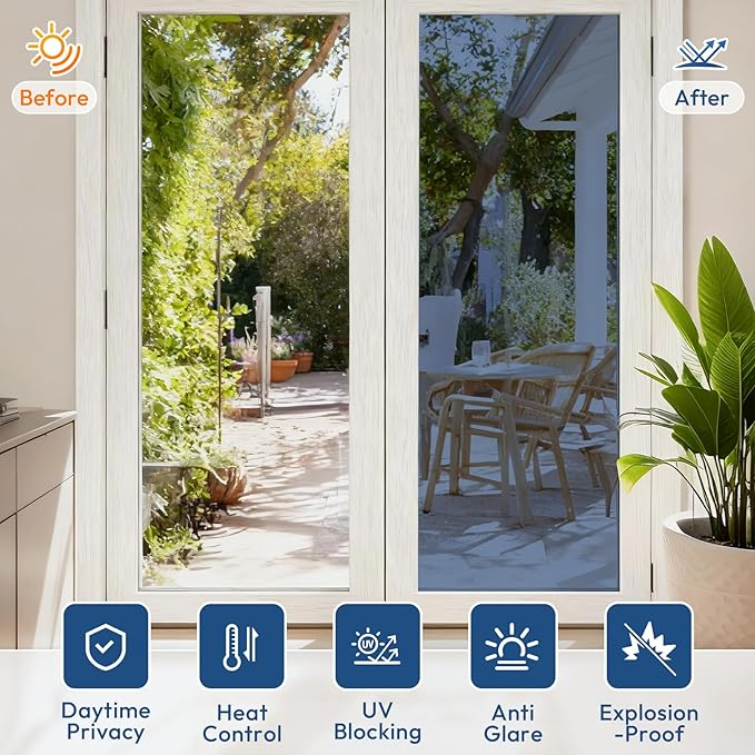 rabbitgoo Window Tint for Home One Way Privacy Window Film See Out Not in Heat UV Blocking Reflective Removable Static Cling Mirror Decorative House Glass Covering, Blue Silver, 23.6 Inch X 6.5 Feet