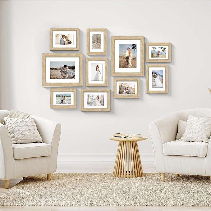 10 Pack Picture Frames Collage Wall Decor - Gallery Wall Frame Set with Mat for Wall Mounting or Tabletop Display, Including Two 8x10, Four 5x7, Four 4x6 Photo Frames, Real Glass