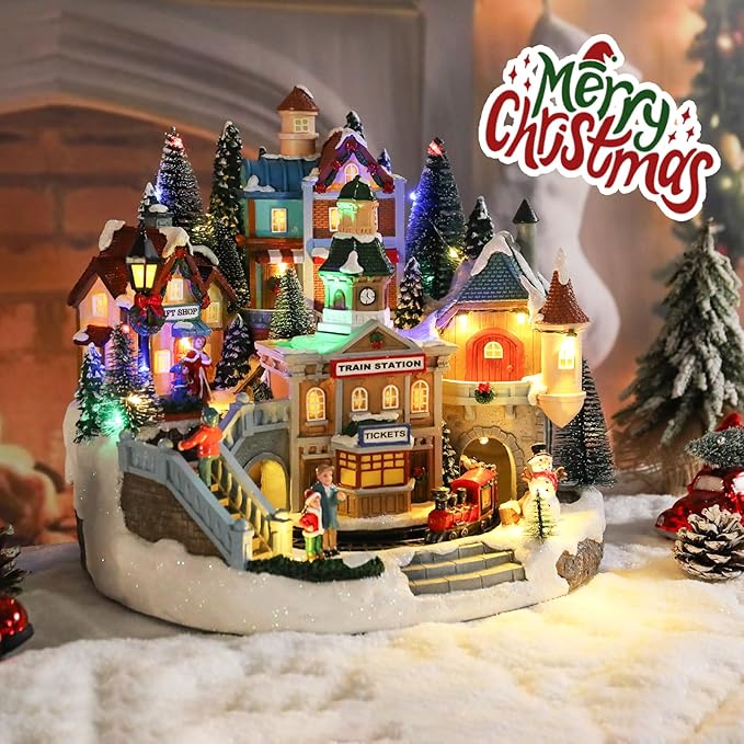 taman Christmas Village Houses - Musical Collectible Buildings with Moving Train Warm Light Ornaments for Christmas Holiday Decorations