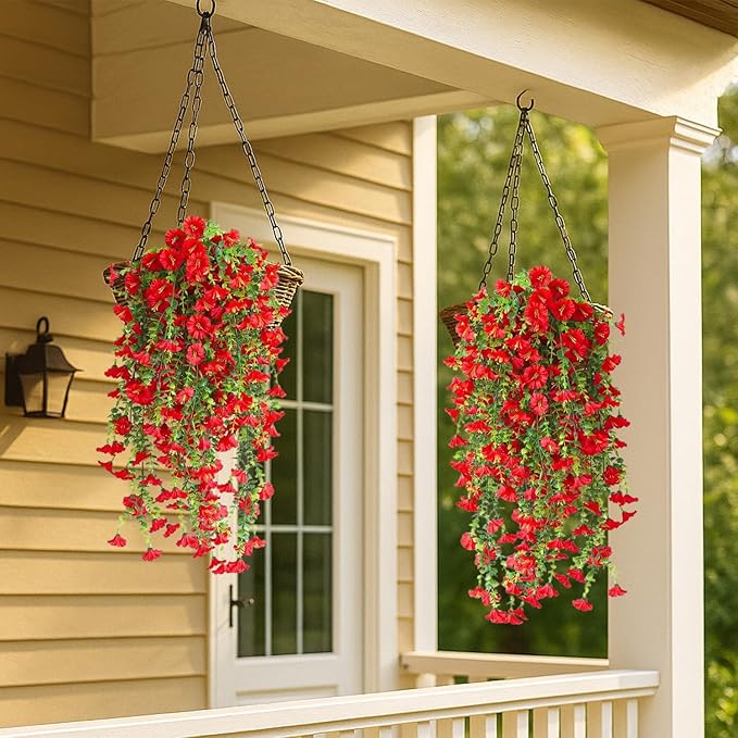 Artificial Hanging Flowers – 4 Pack UV Resistant Fake Morning Glory Vine Faux Plants for Porch, Patio, Balcony, Garden, Indoor & Outdoor Decor (Red)