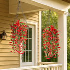 Artificial Hanging Flowers – 4 Pack UV Resistant Fake Morning Glory Vine Faux Plants for Porch, Patio, Balcony, Garden, Indoor & Outdoor Decor (Red)