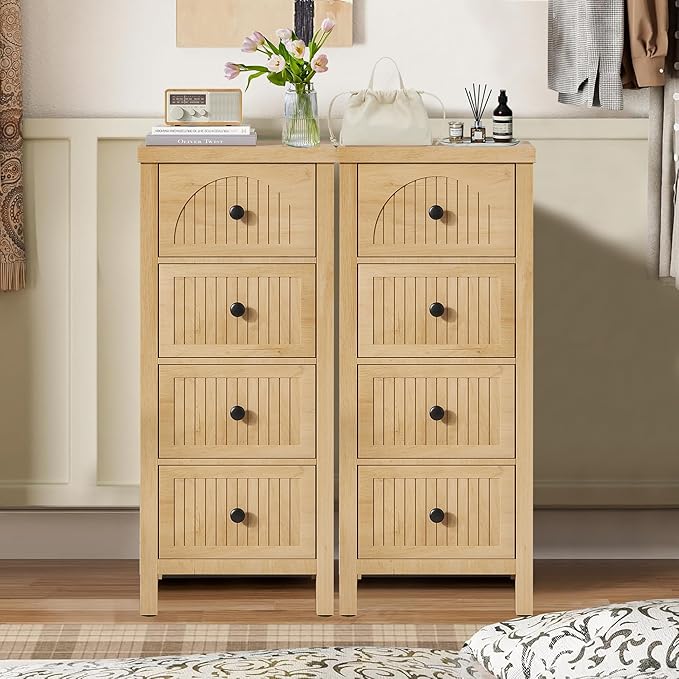 4 Drawer Dresser for Bedroom Set of 2, 36.81''Tall Modern Chest of Drawers with Fluted Panel, Wood Storage Dresser Organizer with Deep Drawers for Nursery Living Room Hallway (2, Wood Color)