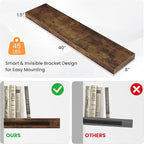 Floating Shelves for Wall, 40"W x 8"D x 1.5"H, Wooden Wall Mounted Display Shelves with Invisible Brackets for Living Room, Bedroom, Bathroom, Kitchen Decor and Storage, Set of 2, Rustic Brown