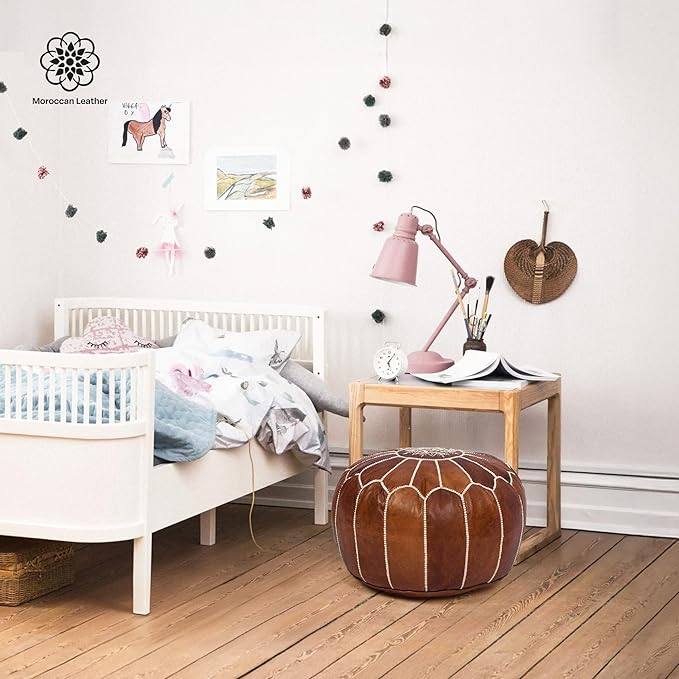 Moroccan Leather Handmade Pouf Ottoman Cover – Unstuffed Foot Stool, Boho Foot Rest for Living Room, Bedroom – Gift for Housewarming or Weddings