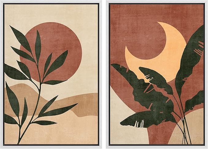 SIGNFORD Framed Canvas Print Wall Art Set Sun & Moon Mid-Century Desert Plants Abstract Shapes Illustration Modern Art Decorative Nordic Nature for Living Room, Bedroom, Office - 16"x24"x2 White