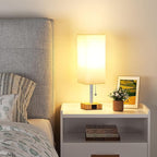 aooshine Beige Small Table Lamp for Bedroom - 3 Color Temperature 3000K 5000K 4000K Bedside Lamp, Pull Chain Control, USB A and C Ports, Wood-Grain Base, Bulb Included