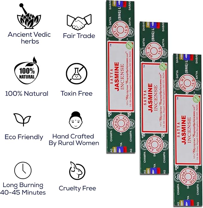 Satya Nagchampa Jasmine Incense Sticks, Satya Bng (Bangalore) Insenses 15gmx3 Pack (45 GMS) with Raajsee Incense Holder Bundle, Satya Nagchampa Natural Incense