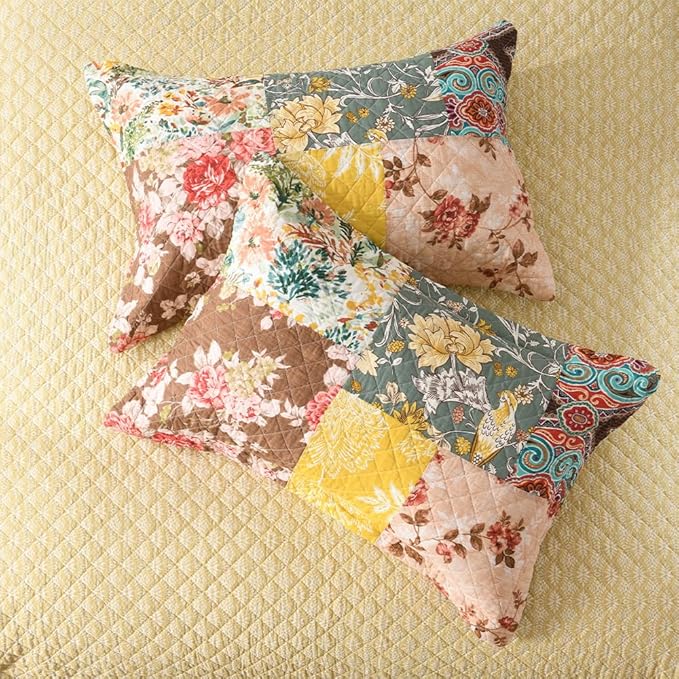 ENASAL Cotton Bedspread Quilt Sets Reversible Bedding Coverlet Sets Luxury Vintage Rustic Gorgeous Paisley Floral Yellow Real Patchwork Bedspread, King Size