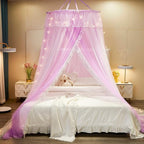 VETHIN Princess Bed Canopy for Girls,Bed Canopy Curtain- Double Layer Sheer Mesh Dome Bed Curtain- Round Lace Princess Mosquito Net Tent with led Stars String Lights(Purple/White)