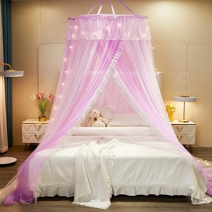 VETHIN Princess Bed Canopy for Girls,Bed Canopy Curtain- Double Layer Sheer Mesh Dome Bed Curtain- Round Lace Princess Mosquito Net Tent with led Stars String Lights(Purple/White)