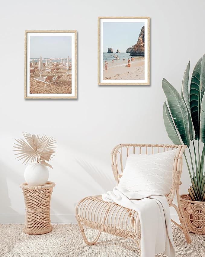 HesenDot Natural OAK Wood Framed Italy Beach Wall Art,12x16in Amalfi Coast Canvas Wall Print,Positano Seascape White Beach Chair Wall Decor for Living Room, Bedroom,Office Gallery Set of 1