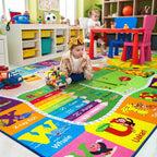 6x9 Playroom Rugs for Kids Washable, Educational and Fun Playmat with ABC Alphabet Animals Shapes Colors, Non-Slip Play Mat Learning Rugs for Baby Toddler Children Game Activity