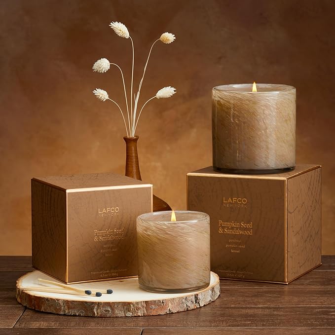 LAFCO New York Holiday Signature Fall Candle, Pumpkin Seed & Sandalwood - 15.5 oz - 90-Hour Burn Time - Reusable, Hand Blown Glass Vessel - Made in The USA
