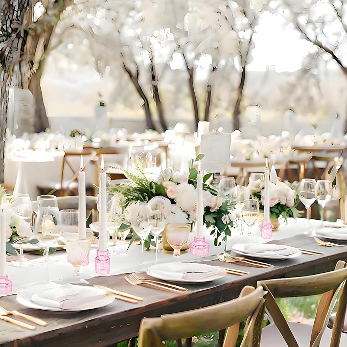 Double Sided Vintage Ribbed Taper Glass Candle Holders,Tea Candle Holder for Table Centerpieces, Wedding Decorations and Dinner Parties (Pink, 3 PCS)