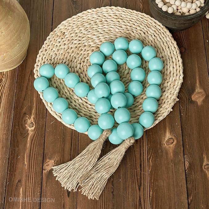 OMISHE 76" Long Extra Large Wood Bead Garland Aqua Teal with 1.6" Diameter Wooden Beads and Tassels, Rustic Farmhouse Country Decorative Beads for Home Decor, Aqua Teal