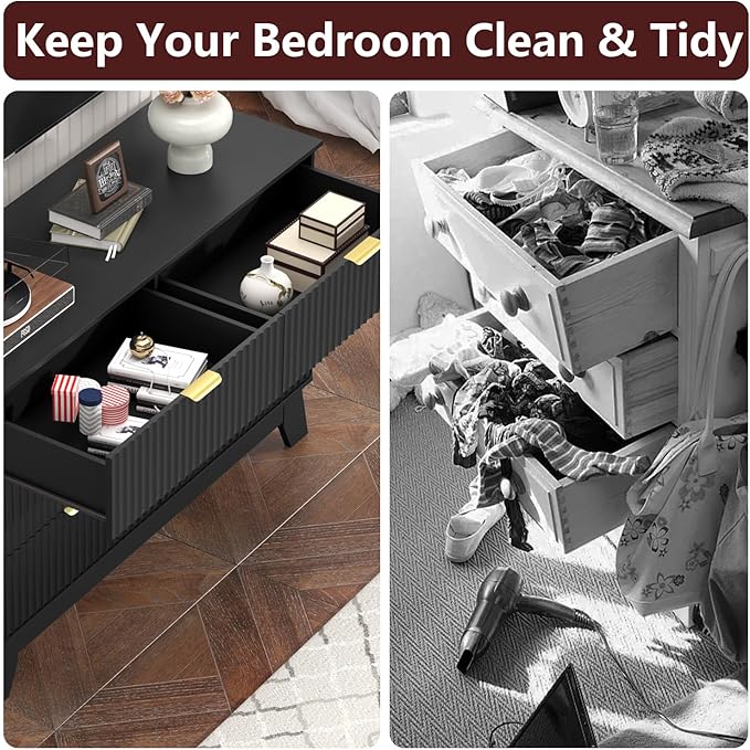 Fluted Dresser for Bedroom,6 Drawer Dresser for Closet,Storage Cabinet and Chest of Drawers with Gold Handle,TV Stand,Storage Organizer for Living Room,Hallway,Entryway,Black