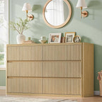 Natural 6 Drawers Dresser for Bedroom, 48" Wide Wood Chest of Deep Drawers with Curved Profile, Handleless, Modern Fluted Dresser TV Stand, Storage Closet Drawer Organizer for Bedroom