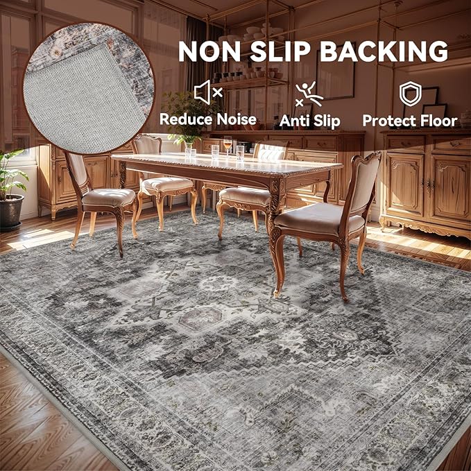 Washable Rugs for Living Room 5x7 Area Rug Soft Living Room Rug Carpet-Rugs for Bedroom Vintage Oriental Floral Dining Room Non Slip Grey