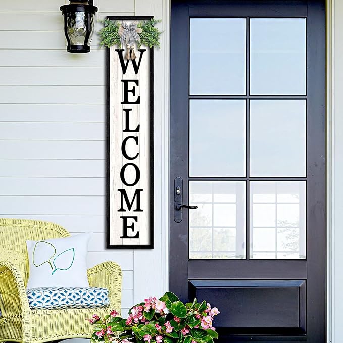 Surfapans Welcome Sign for Front porch Standing 45"X9"Large Wood Frame Outdoor Tall Welcome Signs Vertical Decor for Farmhouse Rustic Home Modern Outside Front Door Wall Decorations (Black)