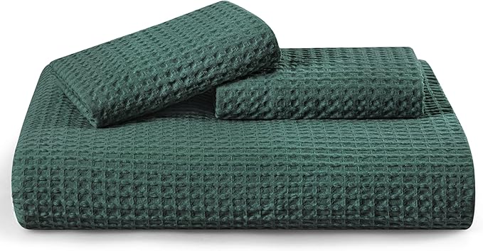 Bedsure Cotton Duvet Cover Queen - 100% Cotton Waffle Weave Forest Green Duvet Cover Queen Size, GentleSoft™ and Breathable Bedding Set for All Season, 3 Pieces, 90"x90"