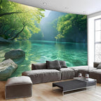 BSFHH Nature Tapestry Forest Tree Sea Cave Wall Hanging, Stream Through Rainforest Landscape Wall Art Tapestry for Bedroom Living room (Lake View, 110" × 87", Unframed)