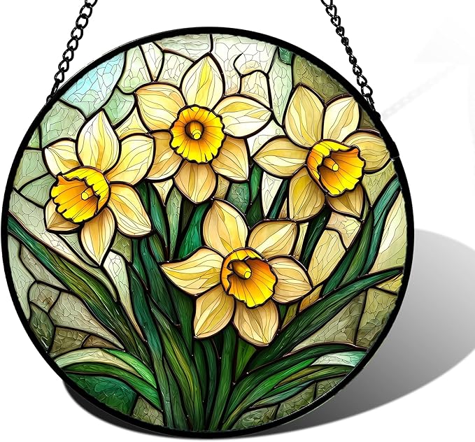Stained Glass Window Hanging, Daffodil Plant Flowers Sun Catchers Diamond Glass Panel Hangings Suncatcher Decor for Birthday for Women, Men, Wife, Aunt,and Mom 9.8X9.8IN