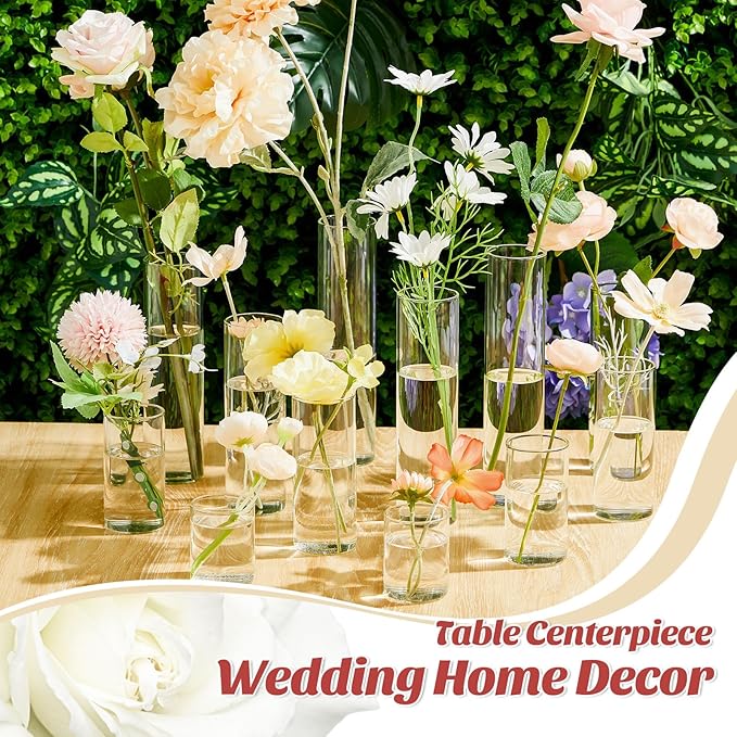 Bud Vases Set of 12 Tall Glass Cylinder Vases Clear Single Flower Glass Vase Bulk for Wildflower Party Centerpieces Wedding Decoration Floating Candle Holder Wedding Decor, 6 Sizes