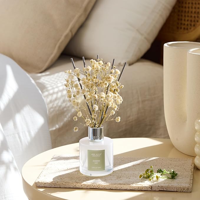 Airkeep Reed Diffuser Set, 3.38 fl oz (100 ml) - Jasmine Lily Lemon Oil Diffusers with 8 Reed Sticks, Home Fragrance Reed Diffuser for Bathroom Shelf Decor