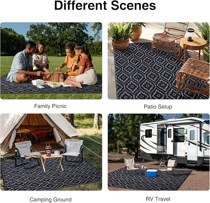 OLANLY Outdoor Rug 6x9 ft Waterproof, Outdoor Plastic Straw Rug with Geometric Pattern Clearance, Reversible RV Mat for Patio, Camping, Balcony, Deck, Backyard, Black & Beige