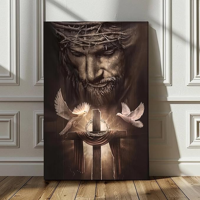 Fantasy Artists Framed Jesus Christ Canvas Wall Art The Cross and Peace Dove Christian Painting Prints Biblical Wall Decor Religious Room Decor for Church Prayer Room Schools Hospitals 24'' x 36''