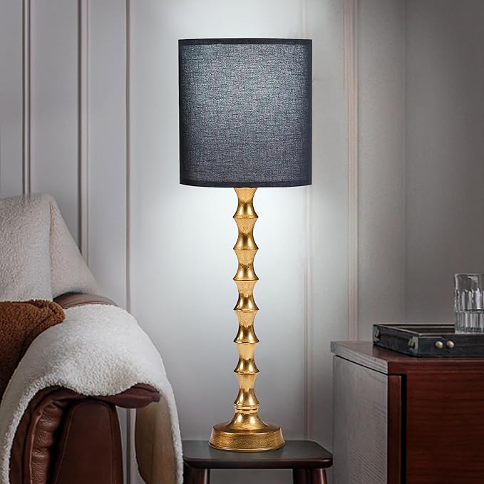 30.5" Gold Buffet Lamps Set of 2 with Black Shade, Buffet Table Lamps Set of 2 for Living Room, Black Golden Lamp for Dining Room, Golden Bamboo Lamps for Credenza