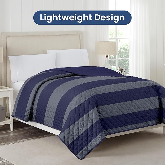 Martex Reversible Coverlet – Full Queen Size Quilt - Lightweight Quilt Full Size– Durable Queen Size Quilts for Bed – Soft - Easy Care Bedding – Rugby Stripe/Navy