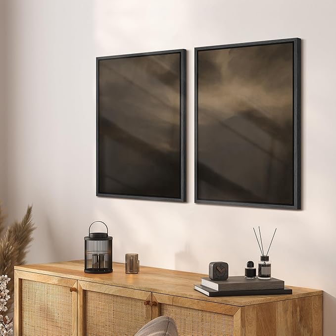 SIGNFORD Framed Canvas Print Wall Art Set Moody Misty Landscape Soft Brown and Gray Hues Illustration Modern Art Decorative Nordic Nature for Living Room, Bedroom, Office - 24"x36"x2 Black