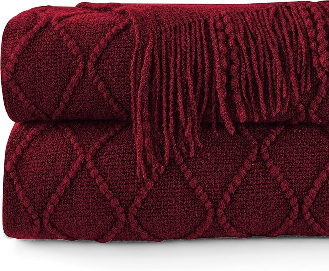 inhand Knitted Throw Blankets for Couch and Bed, Soft Cozy Knit Blanket with Tassel, Claret Lightweight Decorative Blankets and Throws, Farmhouse Warm Woven Blanket for Men and Women, 60"x80"