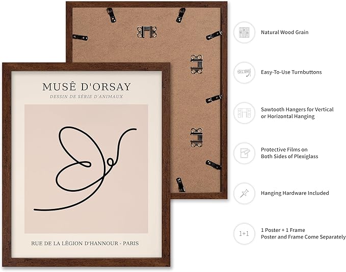 Poster Master Vintage Poster - Retro One Line Butterfly Drawing Print - Butterfly Line Art - Minimal Gift for Him, Her, Animal Lover - Abstract Decor for Home, Office, 11x14 Brown Framed