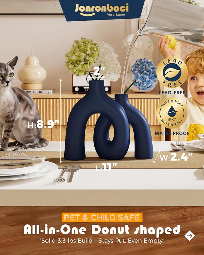 Matte Blue Vase Set - Hug Hollow Donut Aesthetic Ceramic Vases Home Decor, Navy Blue Decor Modern Coastal Decorative Vase for Table Centerpiece Bookshelf Office Entryway Console Fireplace (Navy Blue)