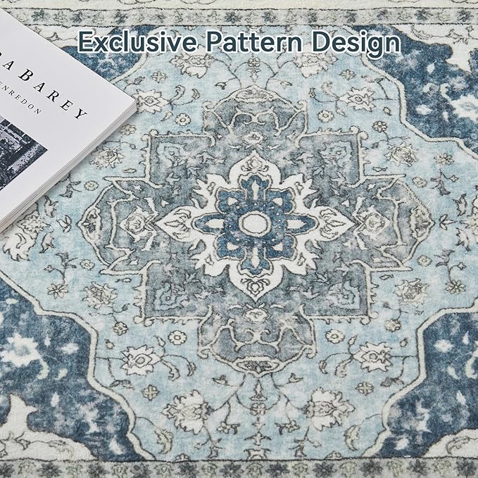 Topllen Washable Area Rug - 3'x5' Boho Bedroom Rug Indoor, Non-Slip Low-Pile Rugs for Living Room Bathroom Kitchen Front Door, Entry Throw Carpet Stain Resistance (Blue, 3x5ft)